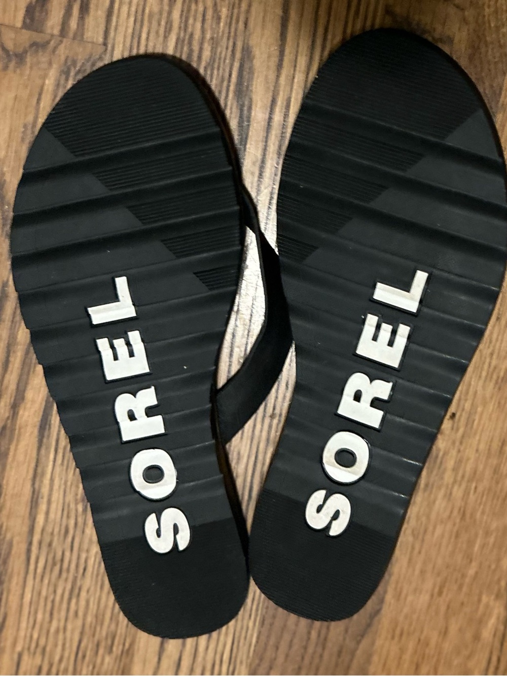 Sorel Black Leather Thong Sandals with Tan Edge